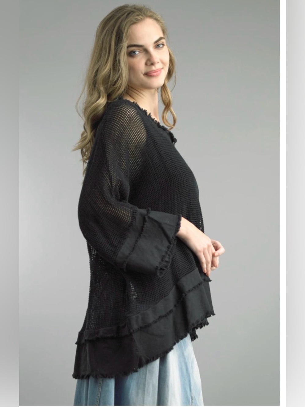 Tempo Paris Frayed Crochet Knit Black Women's Top
